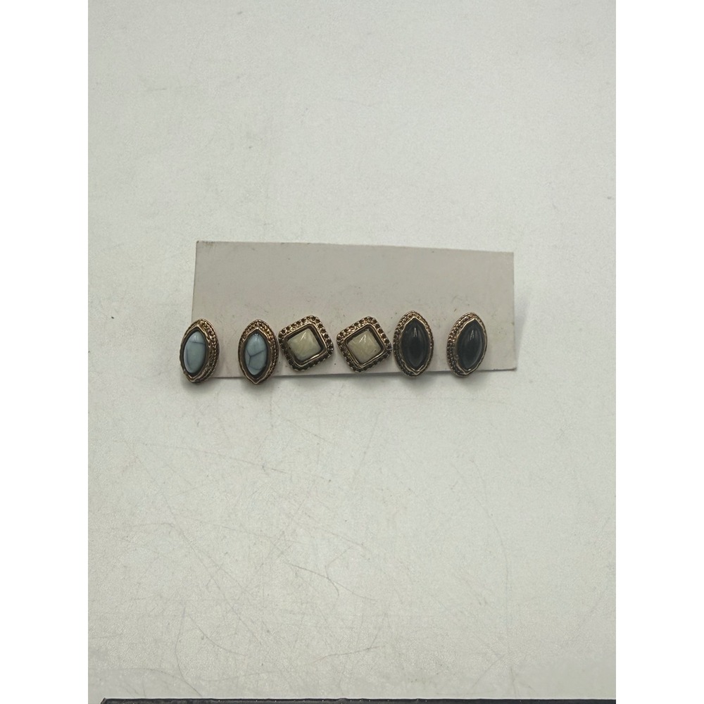 Vintage Style Gold Tone Faux Stone Stud Earrings Set 3 Pairs Blue Cream Black